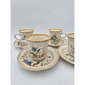 Set of 4 Mikasa Stoneware Cups & Saucers Blue Daisies Mugs #EB 804 Japan Vtg